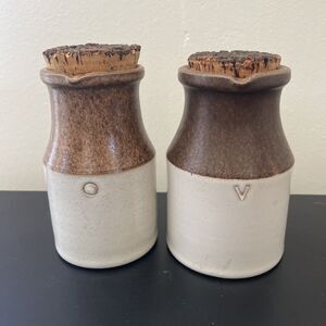Vintage Denby Made In England Stoneware Oil & Vinegar Pottery Jar Set With Corks